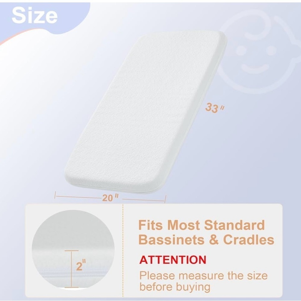 NeoBorn Baby Bassinet Mattress Pad, 20”x33”, Dual Sided Comfort Gel Memory Foam - Picture 5 of 10